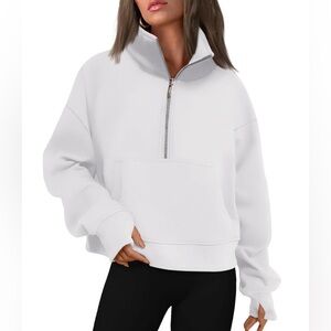 E FAN Women's White Oversized Half-Zip Hoodie Cropped Pullover Sweatshirt XL